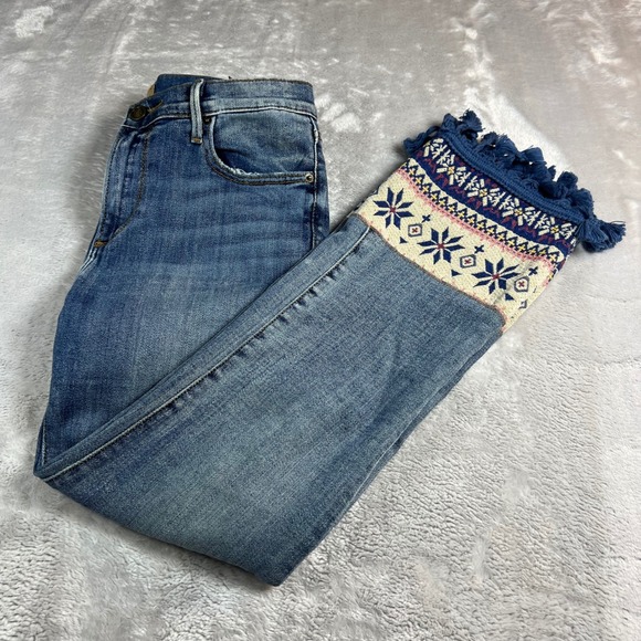 DRIFTWOOD Denim - Driftwood Women's 27 Colette Jeans Blue Embroidered Fair Isle Tassel Fringe Hem